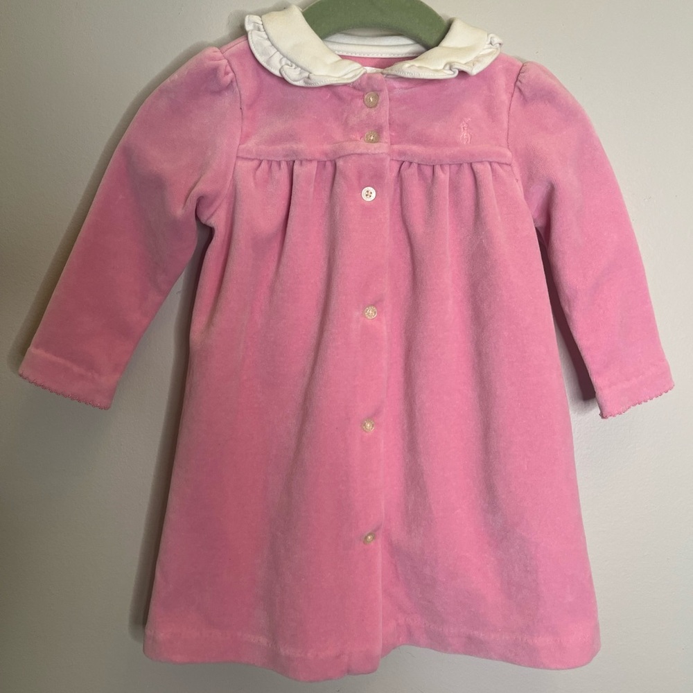 Ralph Lauren Pink Velour Baby Dress Soft Cotton Ruffle White Collar Easter Fun